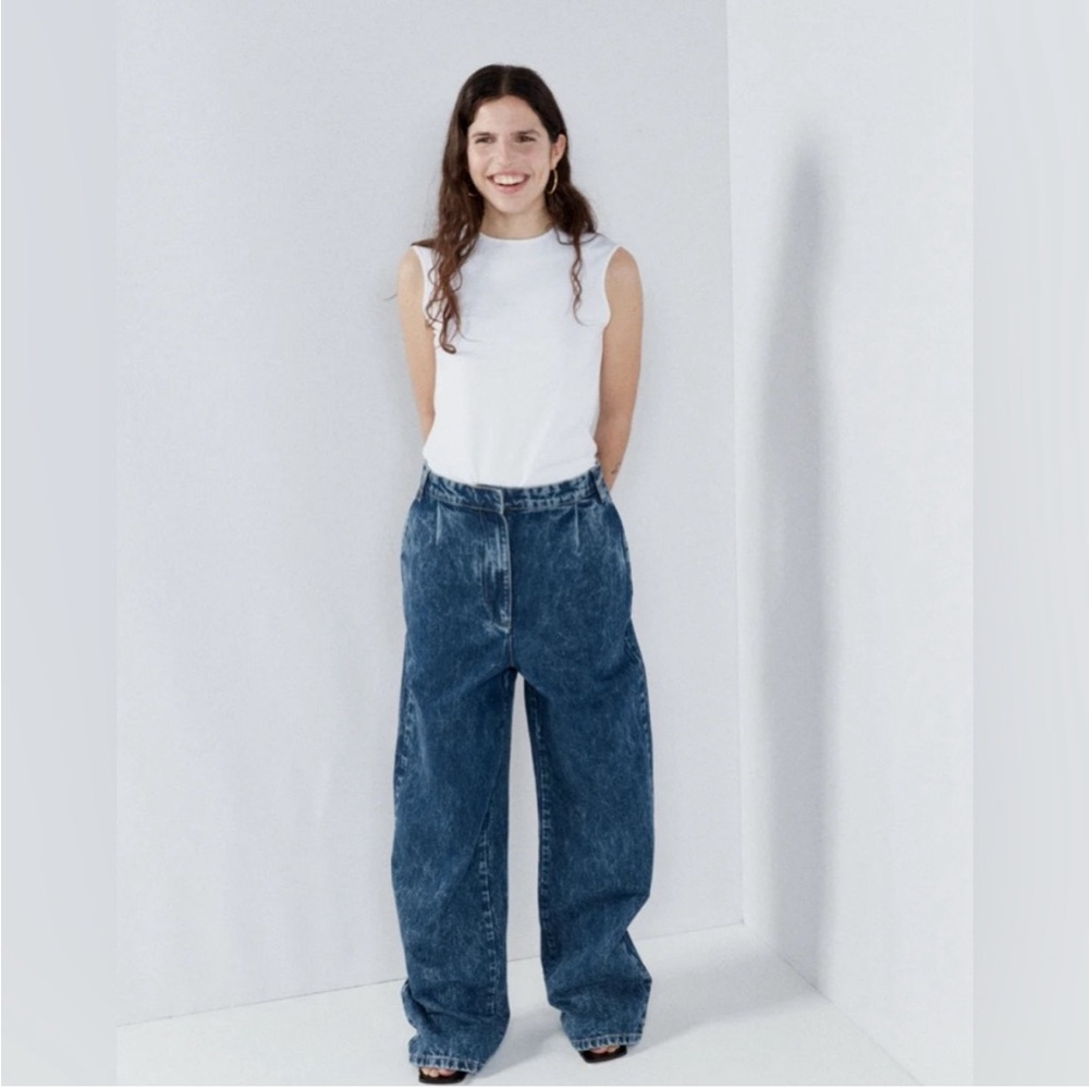 Raey Formal Jeans Womens High Rise Pleated Wide Leg Denim Blue Acid‎ Wash 14/16